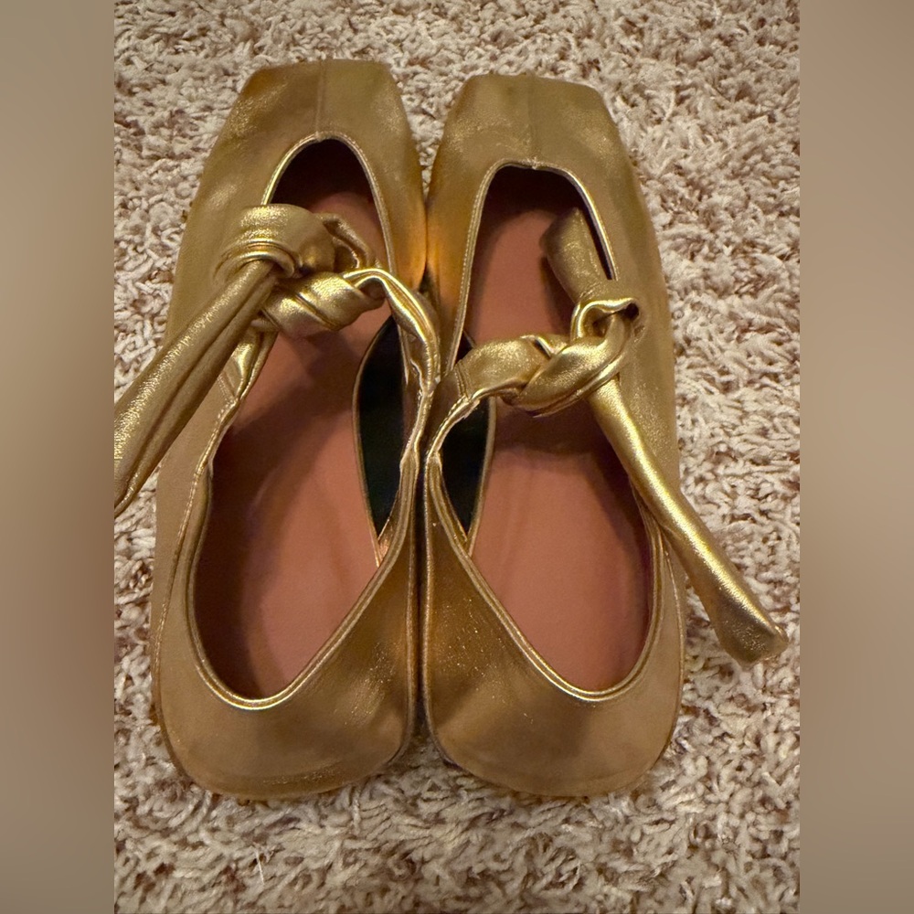 Gold Ballet Flats Square Toe Metallic Knotted Detail Flat Shoes size 9 - Picture 6 of 9